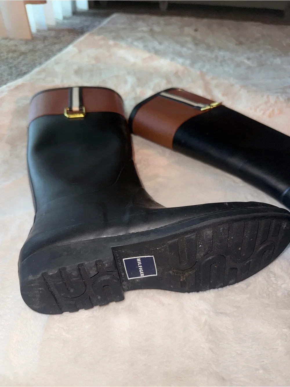Tommy Hilfiger Black and Brown Tall Rain Boots with Stripe Accent